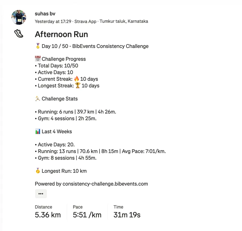 Strava activity preview showing full challenge progress and 4 week summary