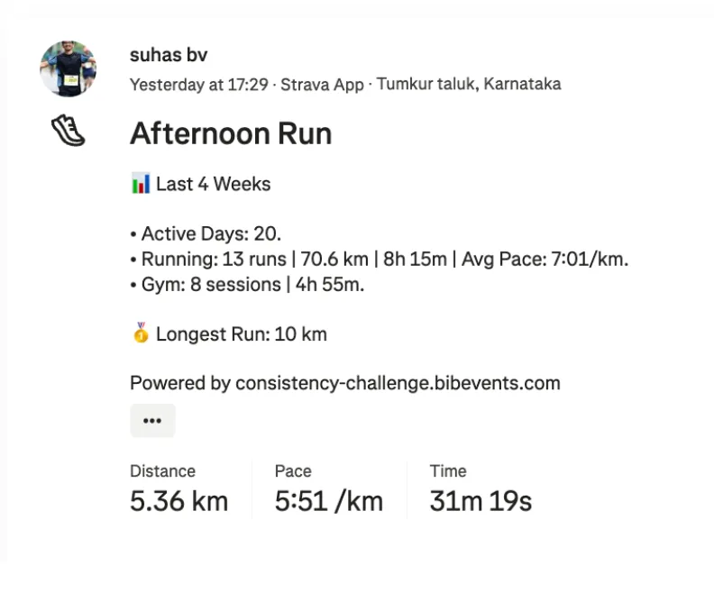 Strava activity preview showing only the last 4 week summary