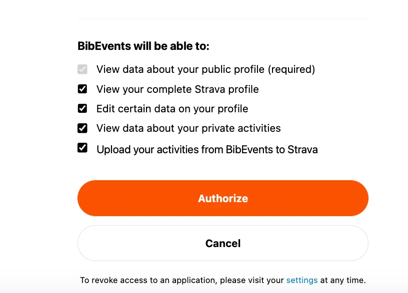 Example Strava authorization screen with all permission checkboxes checked